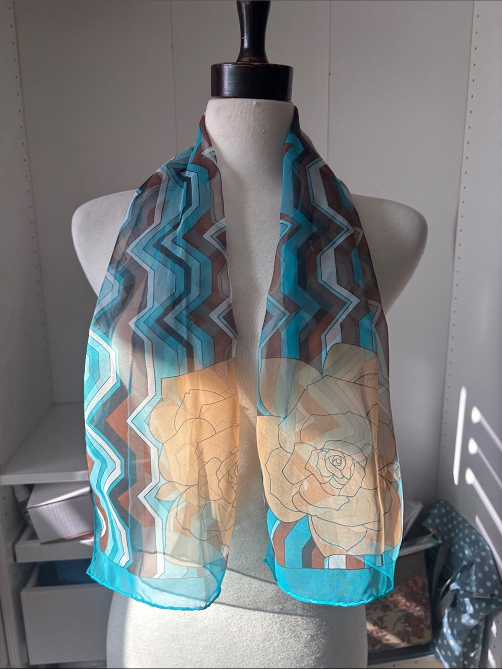 Turquoise Floral Geometric Sheer Scarf - Women Accessories